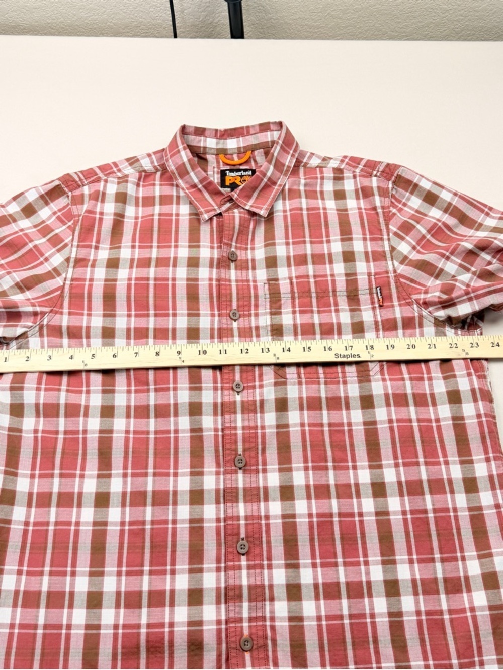 Timberland PRO Men's Red and Brown Plaid Short-Sleeve Button-Up Shirt - Picture 3 of 10
